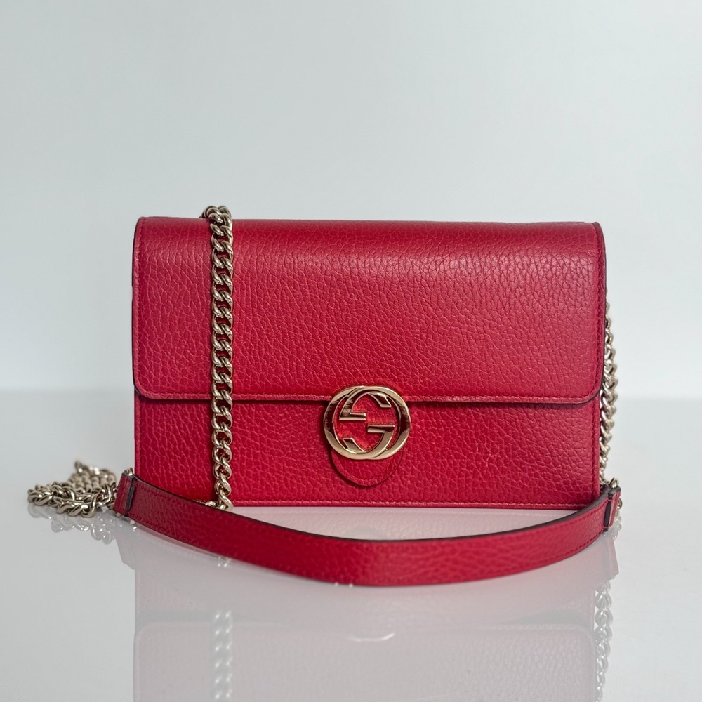 Gucci Interlocking G Red Calfskin Leather Wallet On Chain Crossbody Bag